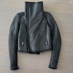 Rick Owens Black Leather Jacket with Shearling Collar
